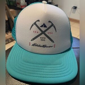 Vintage Eddie Bauer Trucker Hat Sea USA Mesh Hipster Teal Green White Snapback